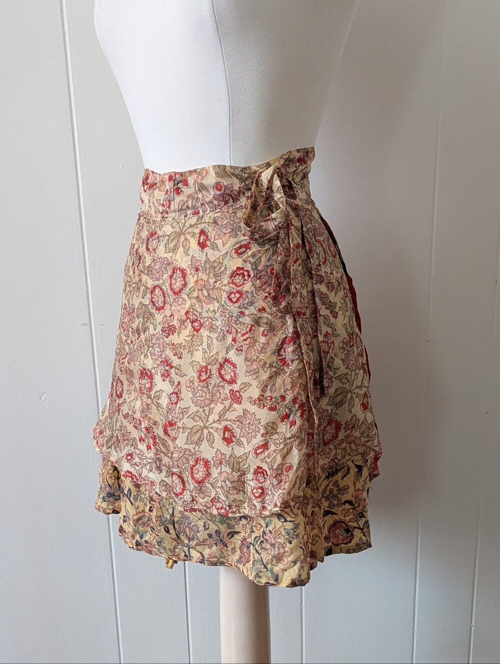 Vintage Reversible Upcycled Beige And Red Floral Sari Wrap Skirt